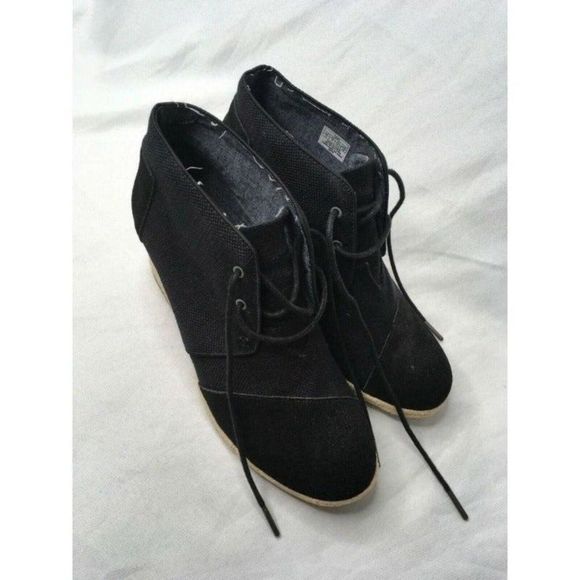 TOMS Black  Canvas Desert Wedge Lace-Up Ankle Booty Shoes Style 681114 US11 - Picture 3 of 10